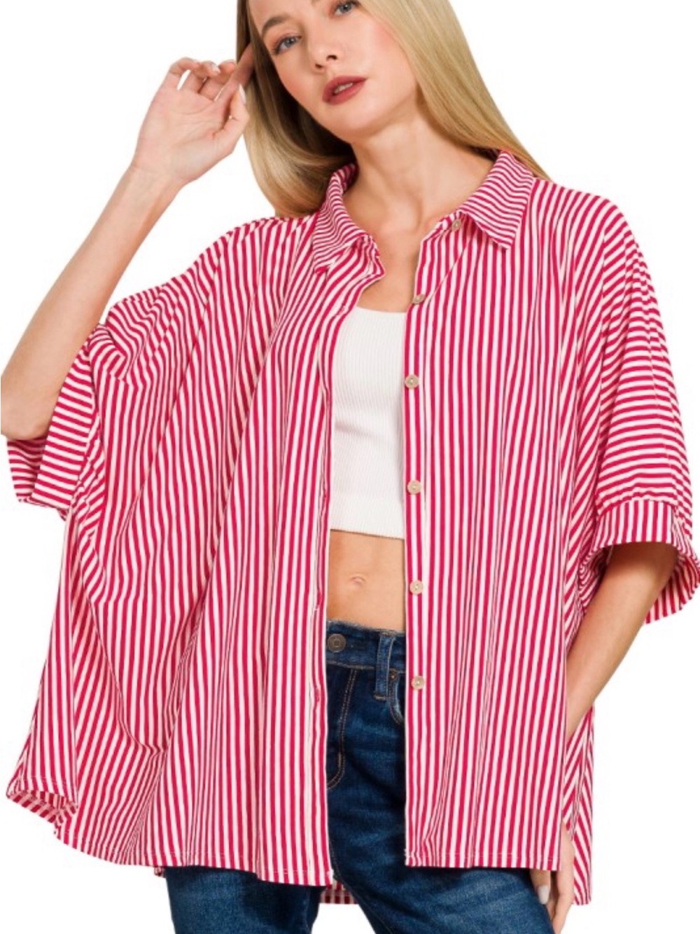 Zenana Oversized red Striped Button-Down Shirt